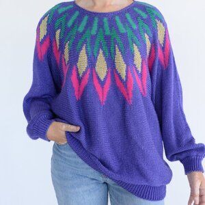 Vintage Franco Valeri Purple Knit Floral Abstract Shoulder Pad Scoop Sweater Xl